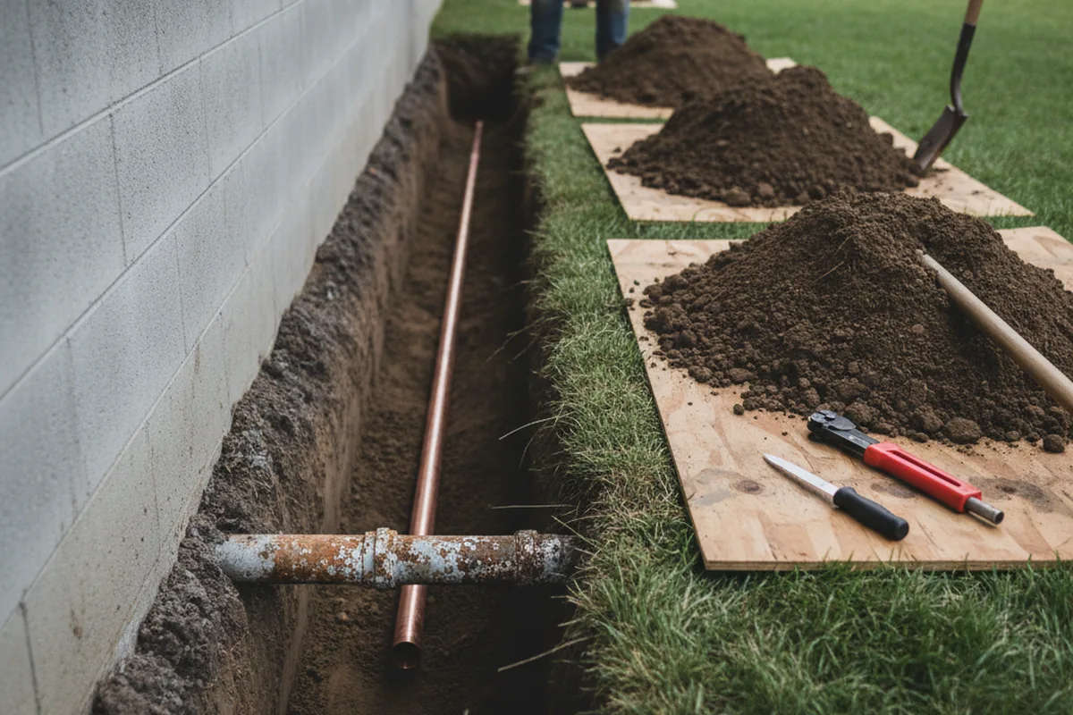 Excavated water line trench during Water Softener Installation in Chester